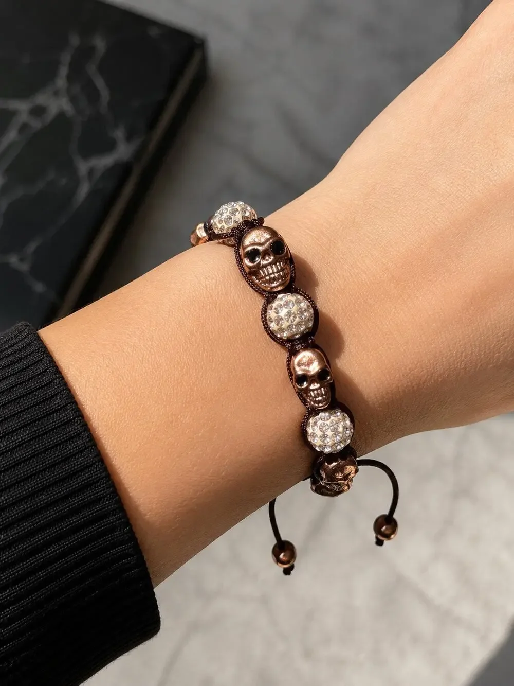 Rose Gold Tone Skull Bracelet with Crystal Rhinestone Beads and Adjustable Cord